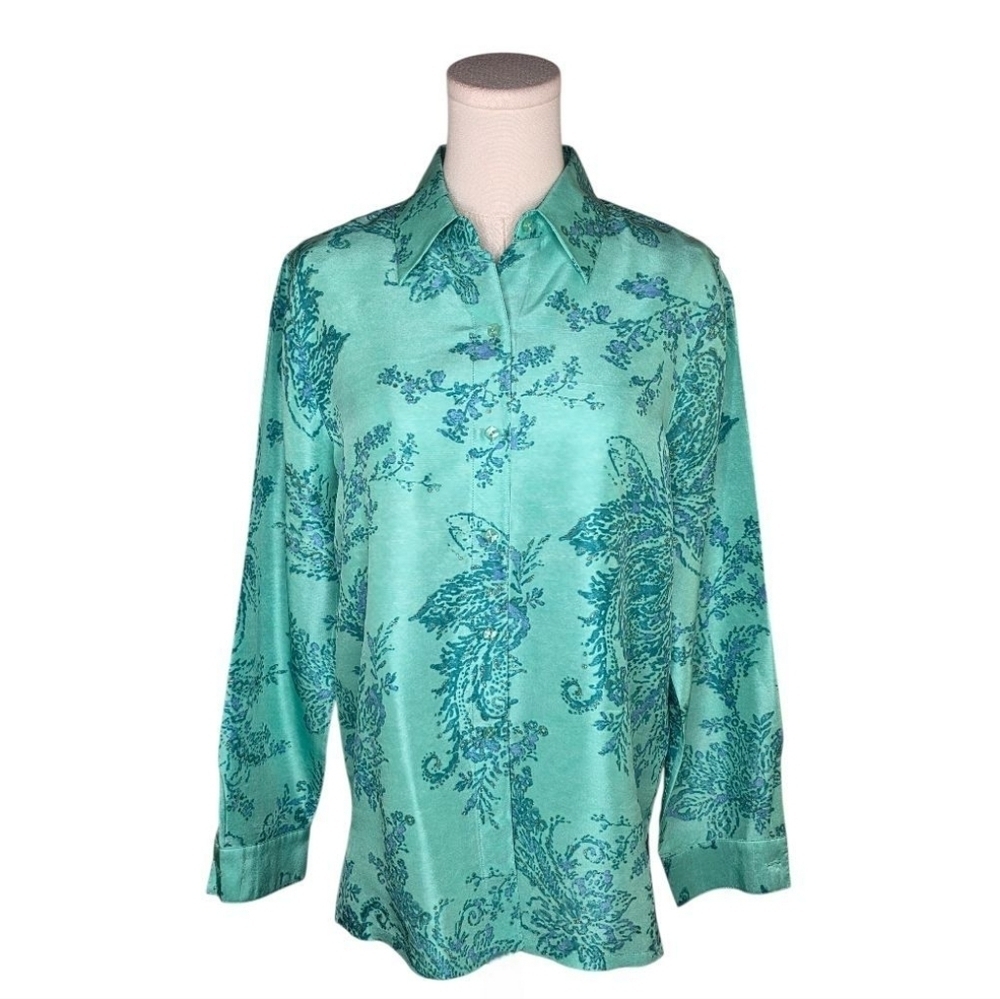 c.l.o.t.h.e.s Silk Floral Blouse Green Blue Button Down Long Sleeve Shirt S